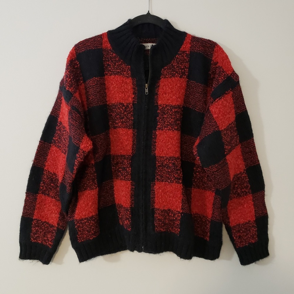 Northern Isles Mohair Wool Blend Cardigan Sweater LARGE Buffalo Plaid 90s Zip Up